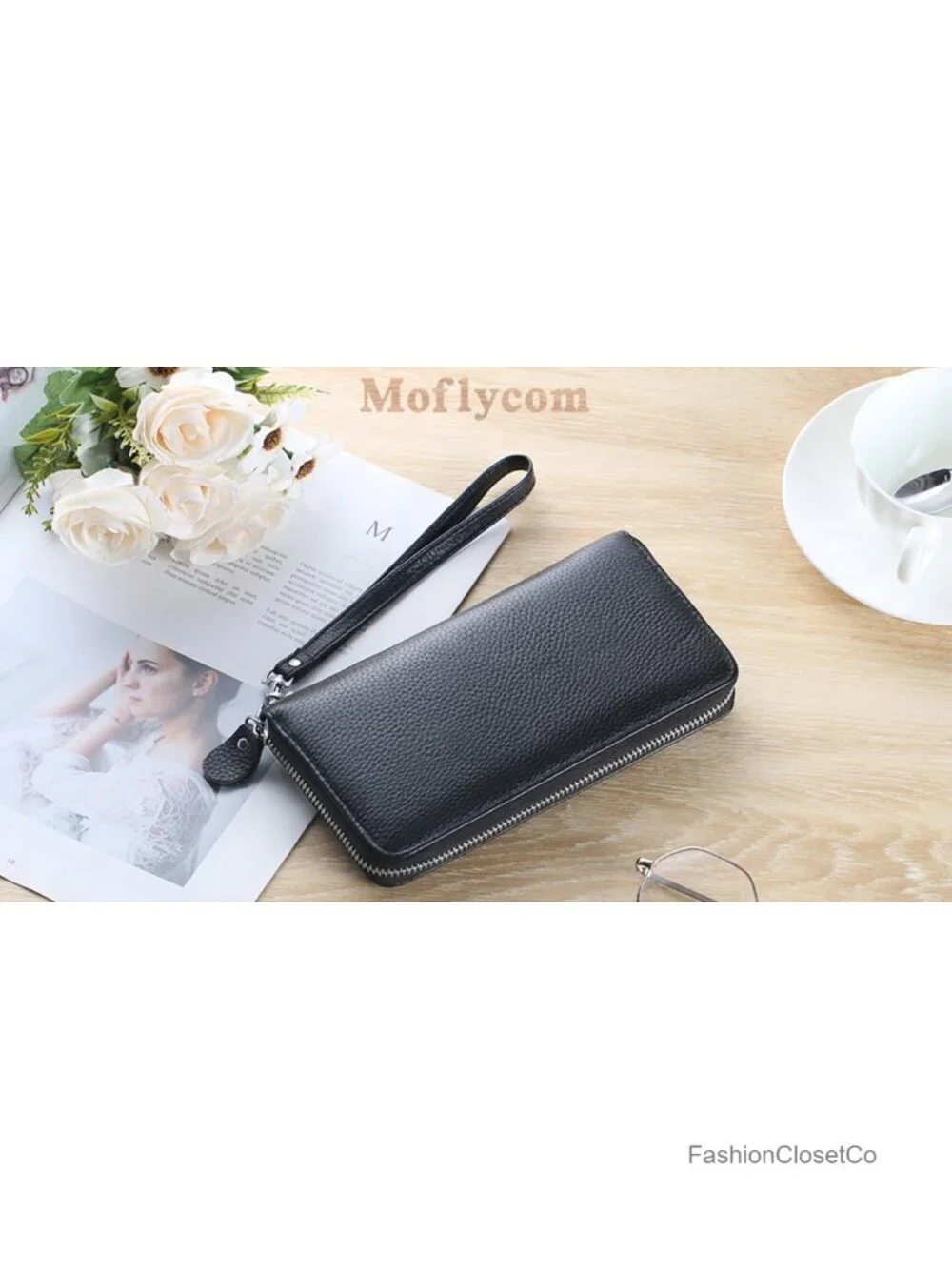 Genuine Leather RFID Blocking Zip Around Wallet Clutch Wristlet with Removable